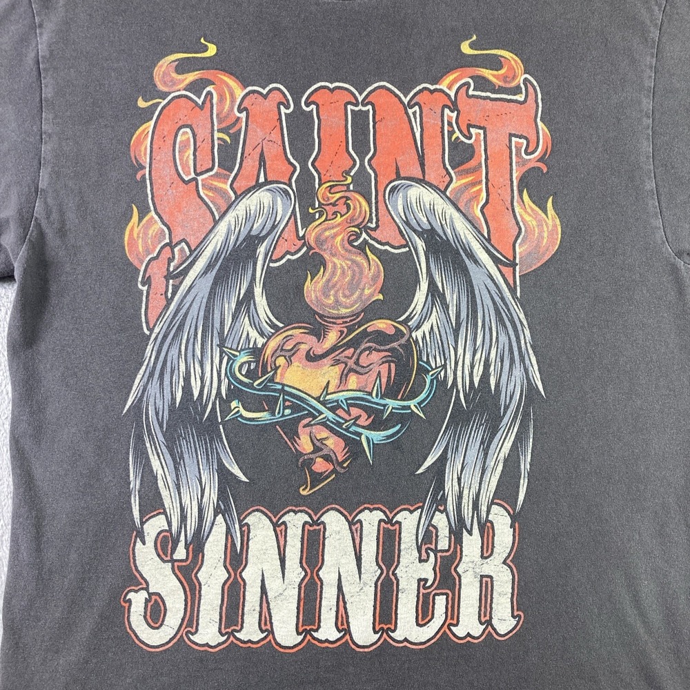 Saint and Sinner Shirt Adult Large Black Graphic Tee Flames Wings Heart - Picture 2 of 13